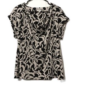 Dana Buchman XL Blouse White Black Pull On Bias Short Sleeves Cowl Neck Top